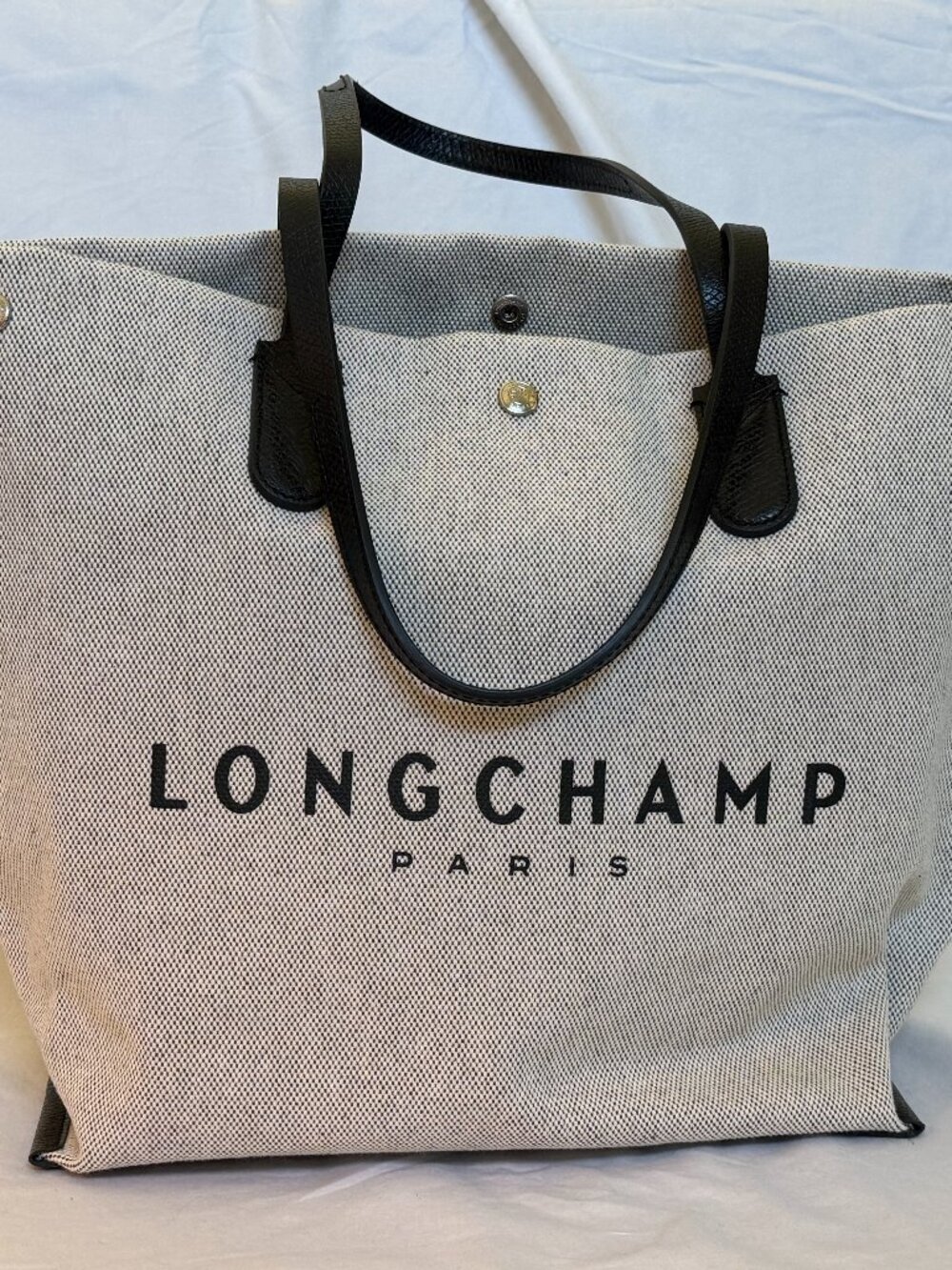Longchamp Beige Canvas Tote with Black Leather Handles